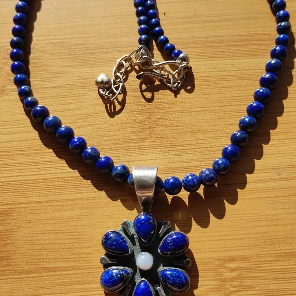 Jay King DTR mine finds Lapis necklace Lapis Agate flower pendant 925 Sterling S - Picture 4 of 8